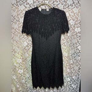 Laurence Kazar Black Beaded Mini Dress vintage 80s small